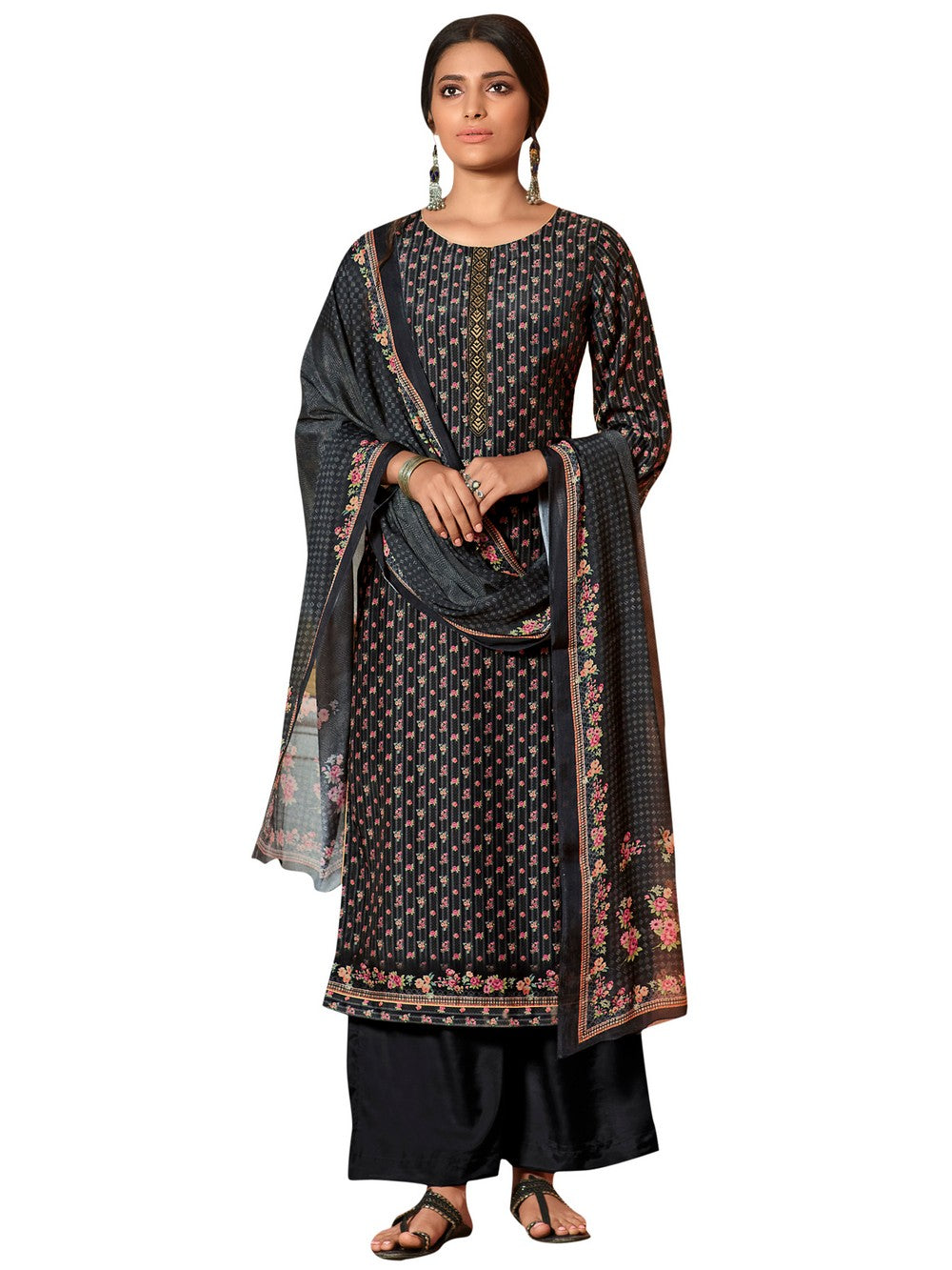 Buy Muslin Digital Printed Dress Material In Black