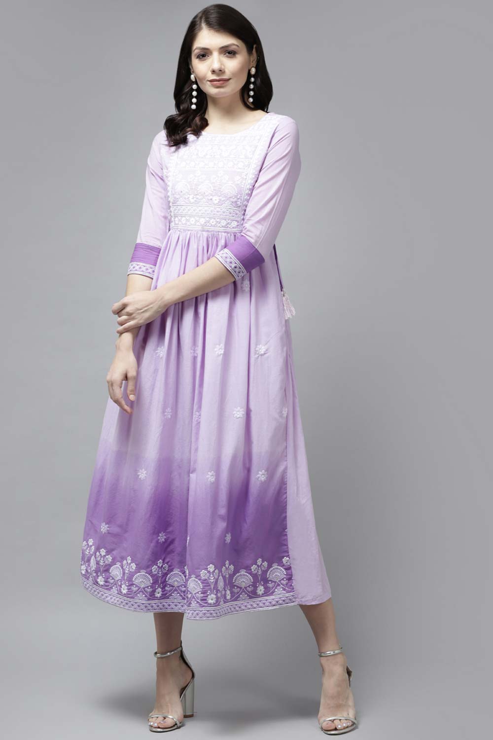 Lavender Pure Cotton Embroidered Dress