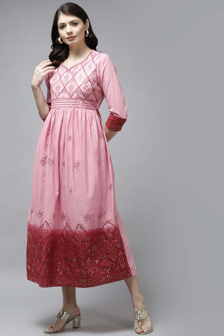 Pink Pure Cotton Embroideredand Sequence Dress