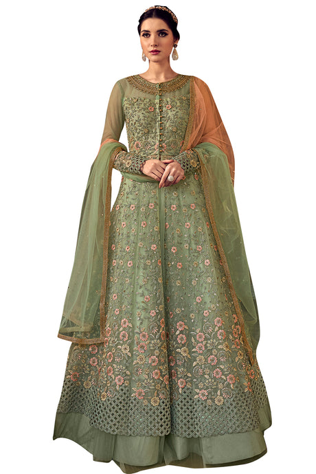 Buy Net Embroidered Dress Material In Green