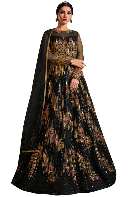 Buy Net Embroidered Dress Material In Black