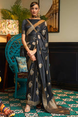 Black Nylon Satin Weaving Art Silk Saree