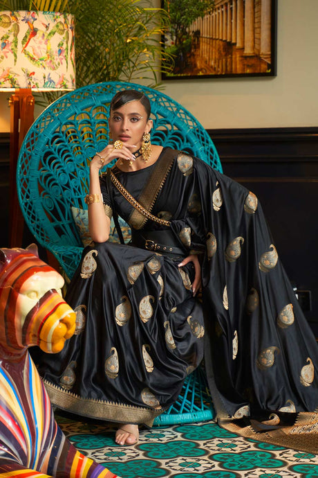 Black Nylon Satin Weaving Art Silk Saree Saree
