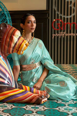 Sky-Blue Nylon Satin Weaving Art Silk Saree Saree