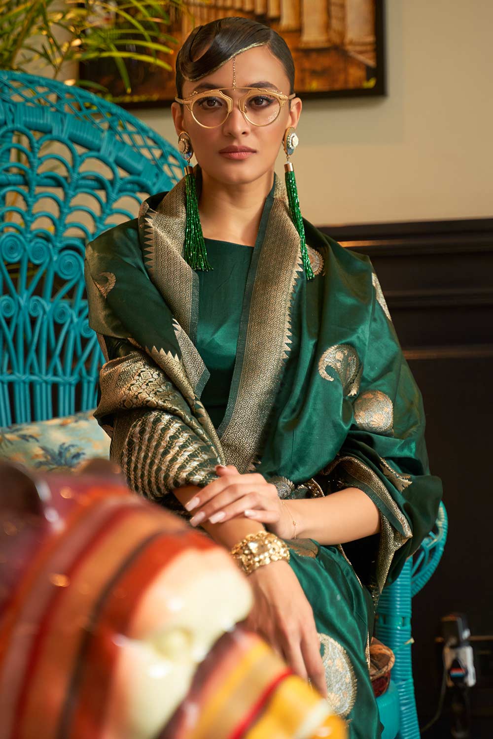 Dark-Green Nylon Satin Weaving Art Silk Saree Saree