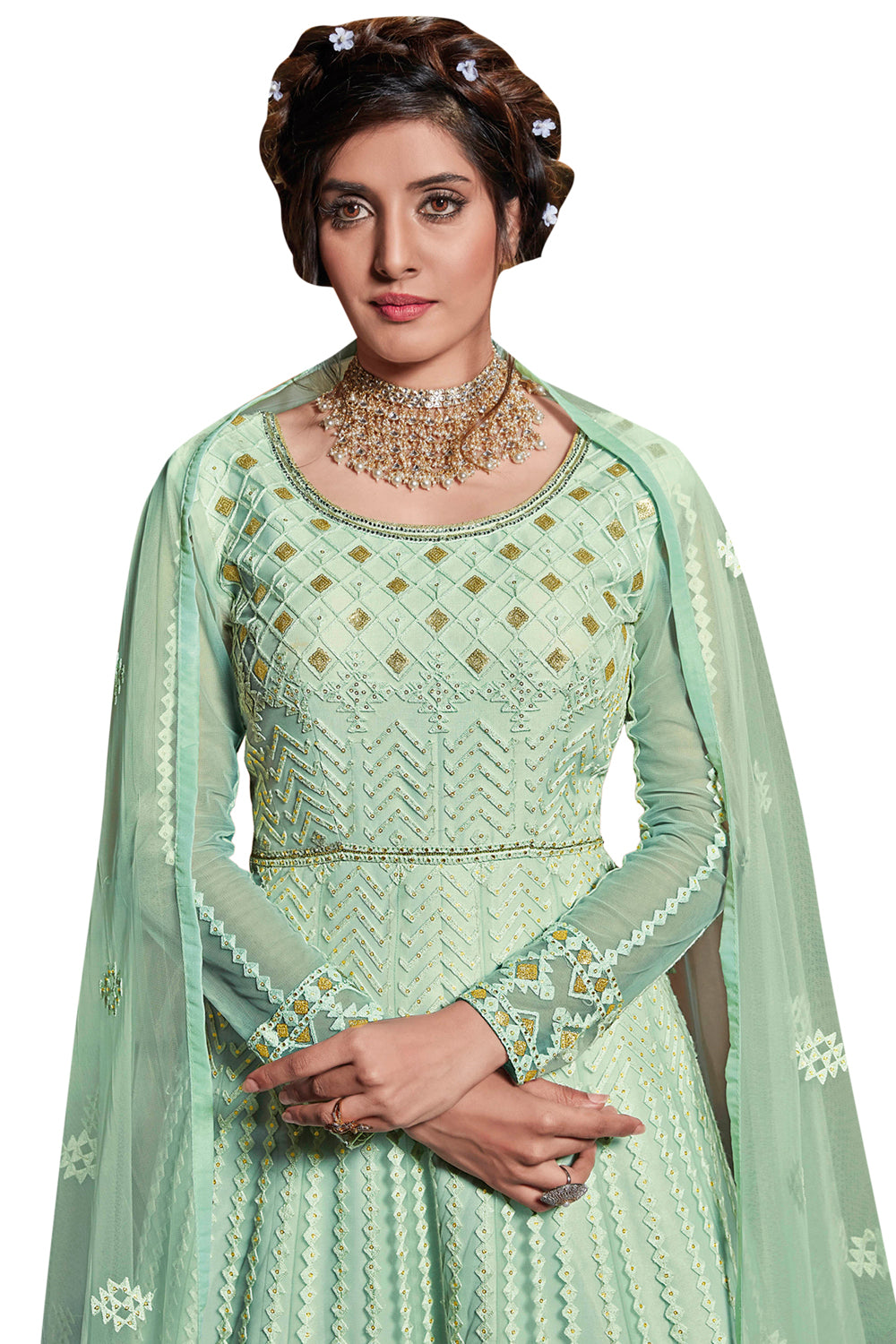 Buy Embroidered Dress Material in Green Online