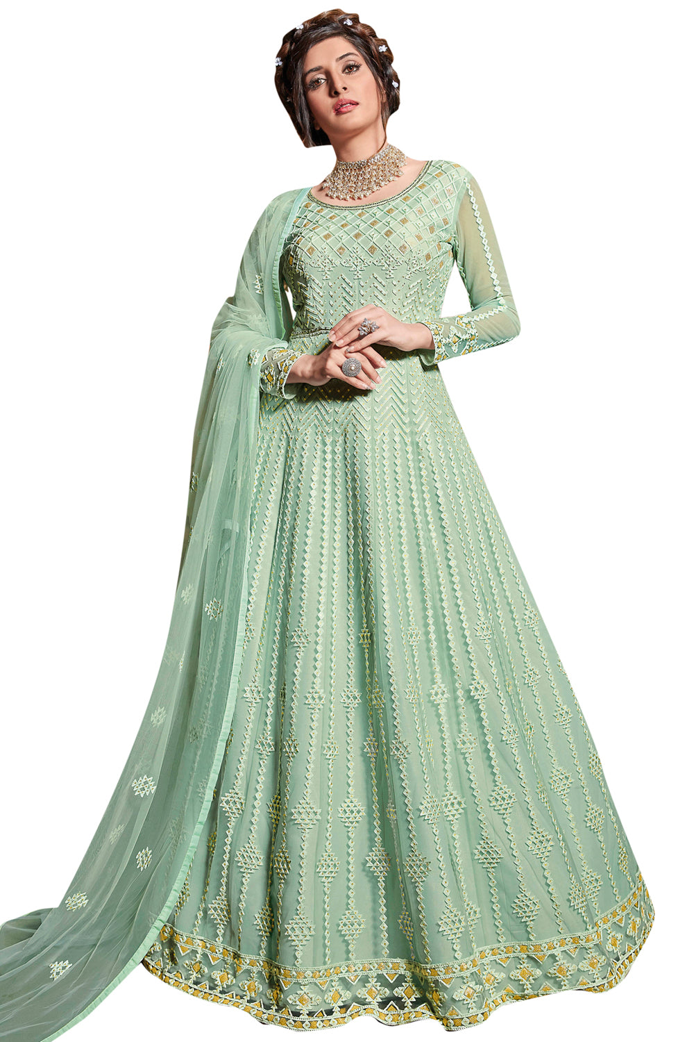 Buy Net Embroidered Dress Material in Green