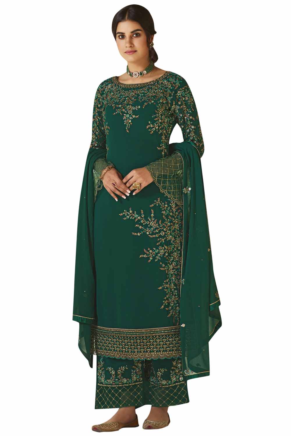 Buy Faux Georgette Embroidered Dress Material In Green