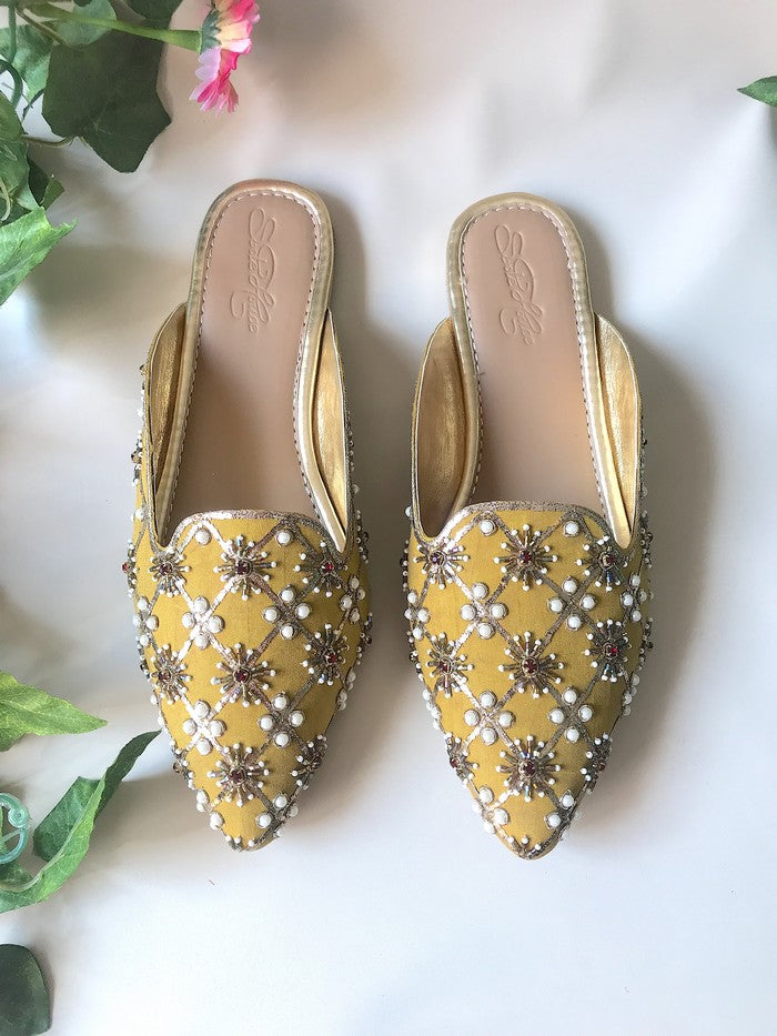 Vegan Leather Pointed Flats In Mustard