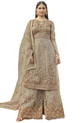 Buy Net Embroidered Dress Material in Beige