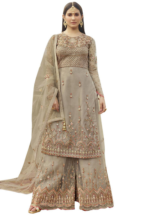 Buy Net Embroidered Dress Material in Beige