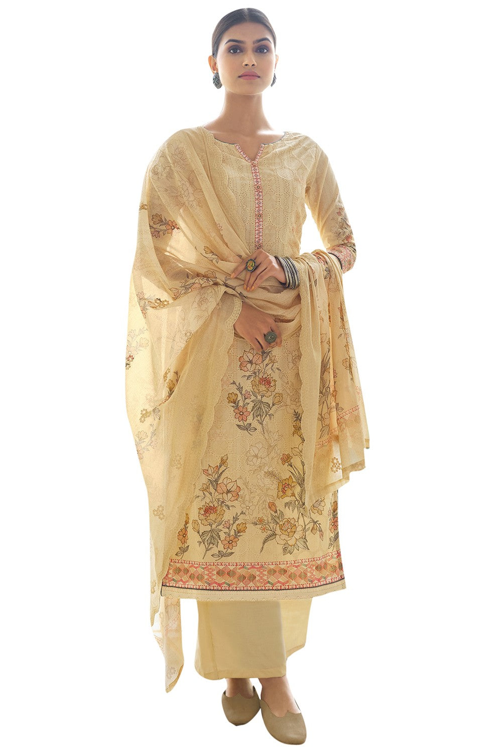 Buy Blended Cotton Embroidered Dress Material in Yellow