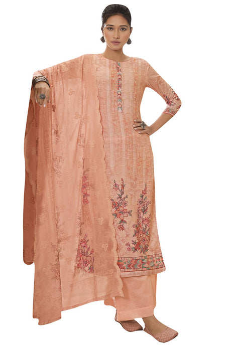 Buy Blended Cotton Embroidered Dress Material in Peach