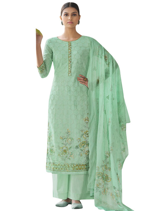 Buy Blended Cotton Embroidered Dress Material in Green