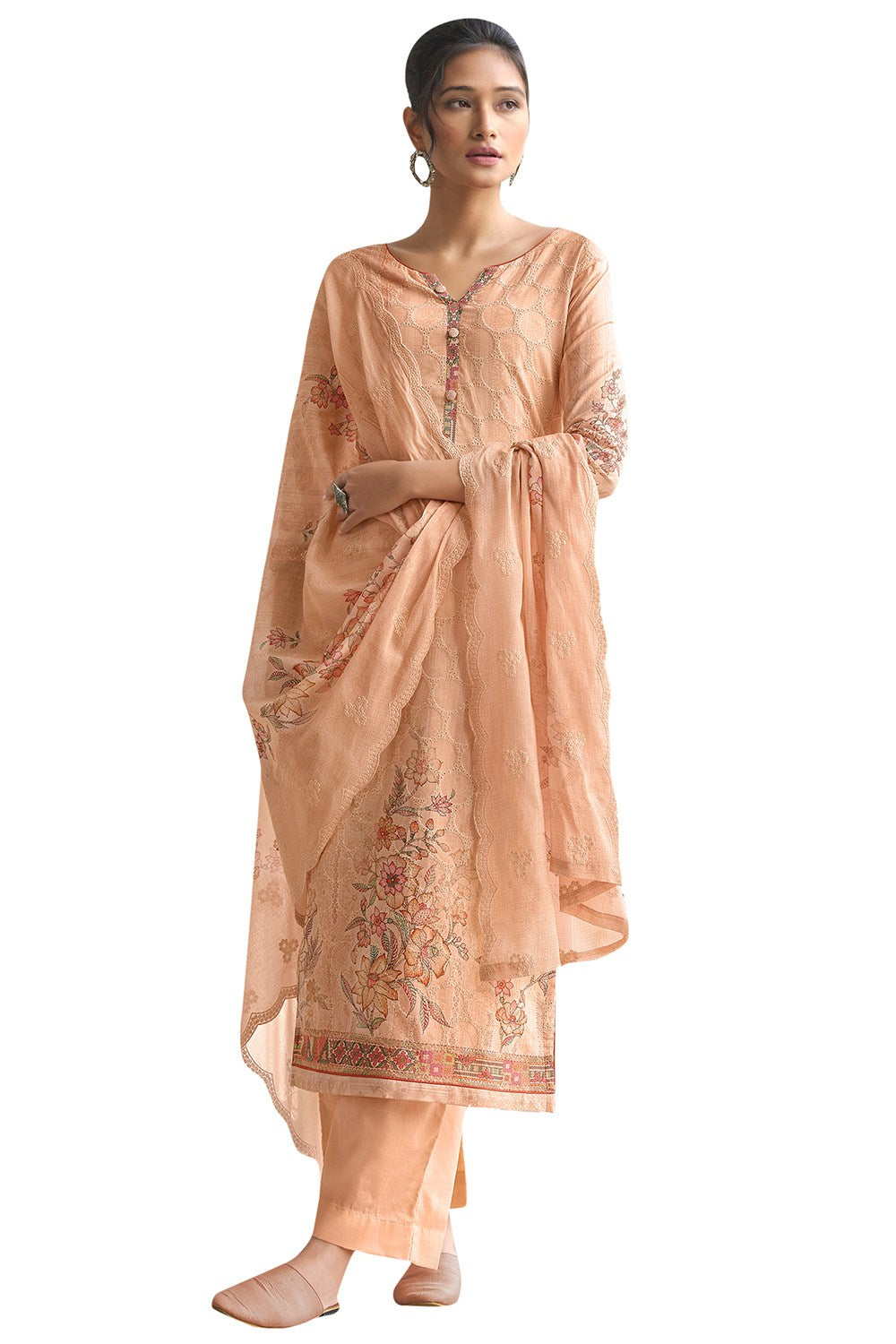 Buy Blended Cotton Embroidered Dress Material in Peach