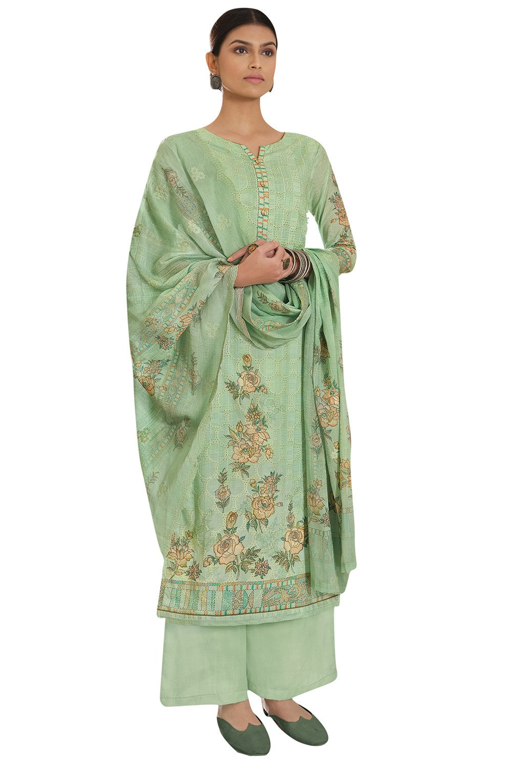 Buy Blended Cotton Embroidered Dress Material in Green