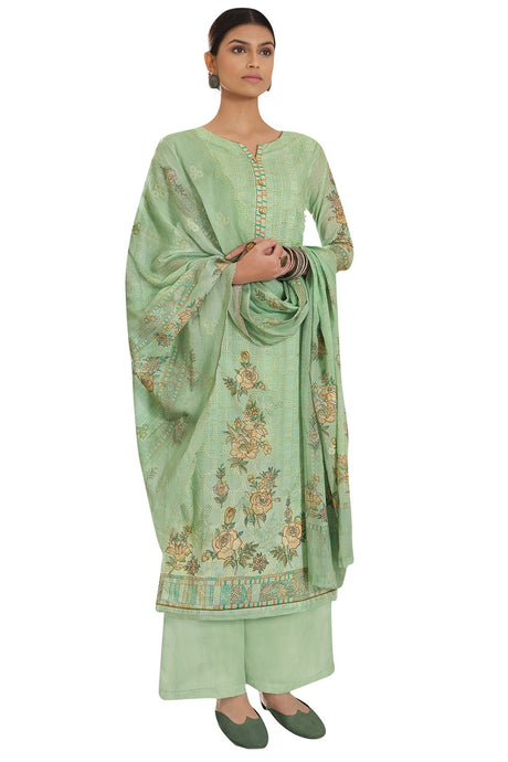 Buy Blended Cotton Embroidered Dress Material in Green