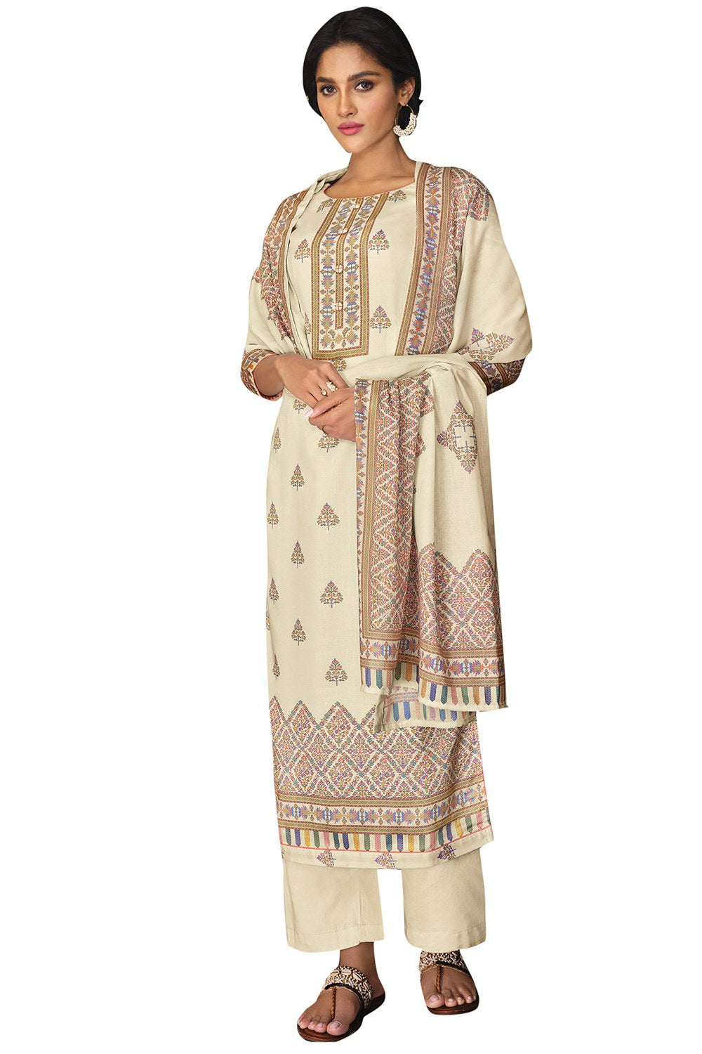 Buy Jam Satin Digital Printed Dress Material in Cream