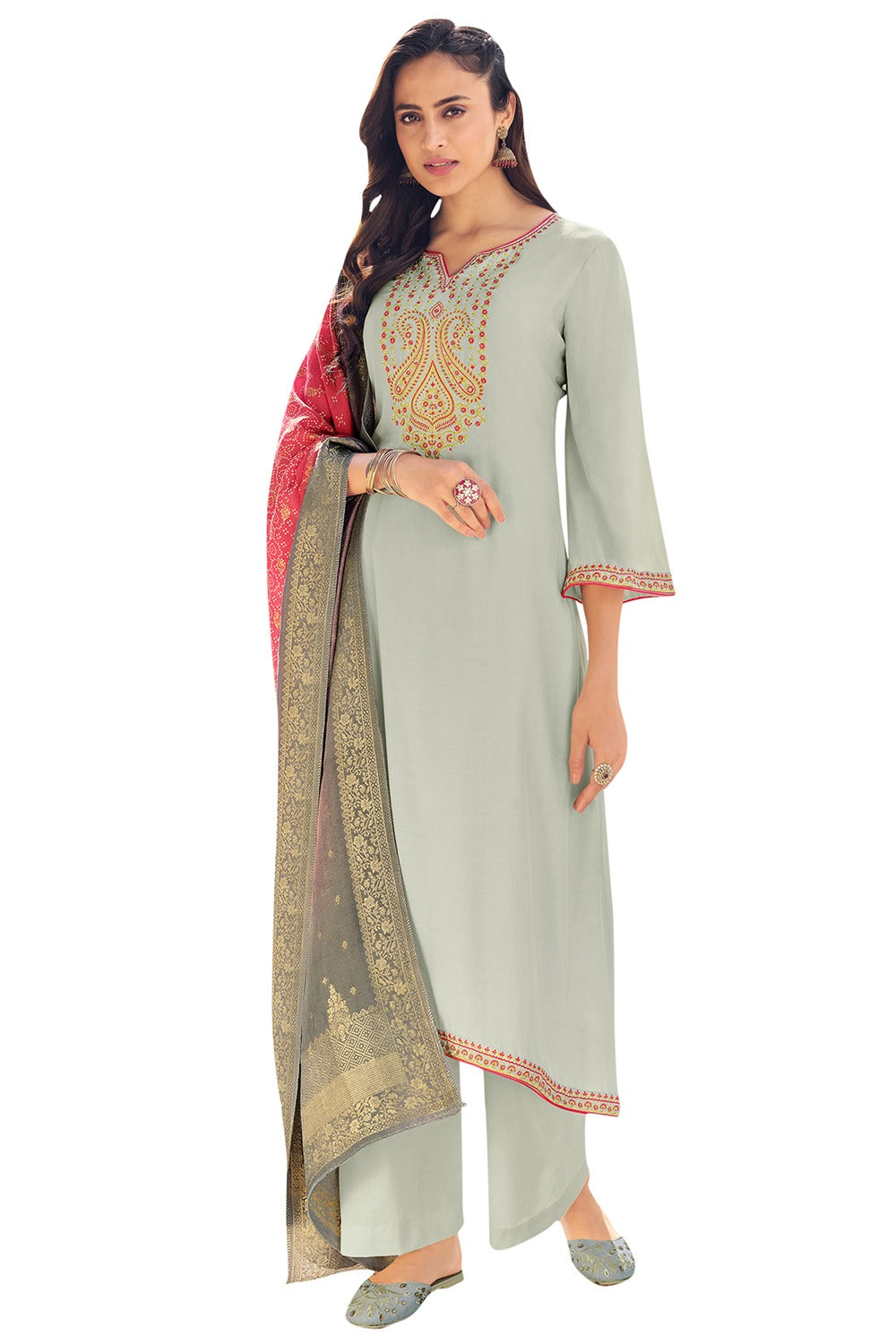 Buy Pure Silk Embroidered Dress Material in Grey