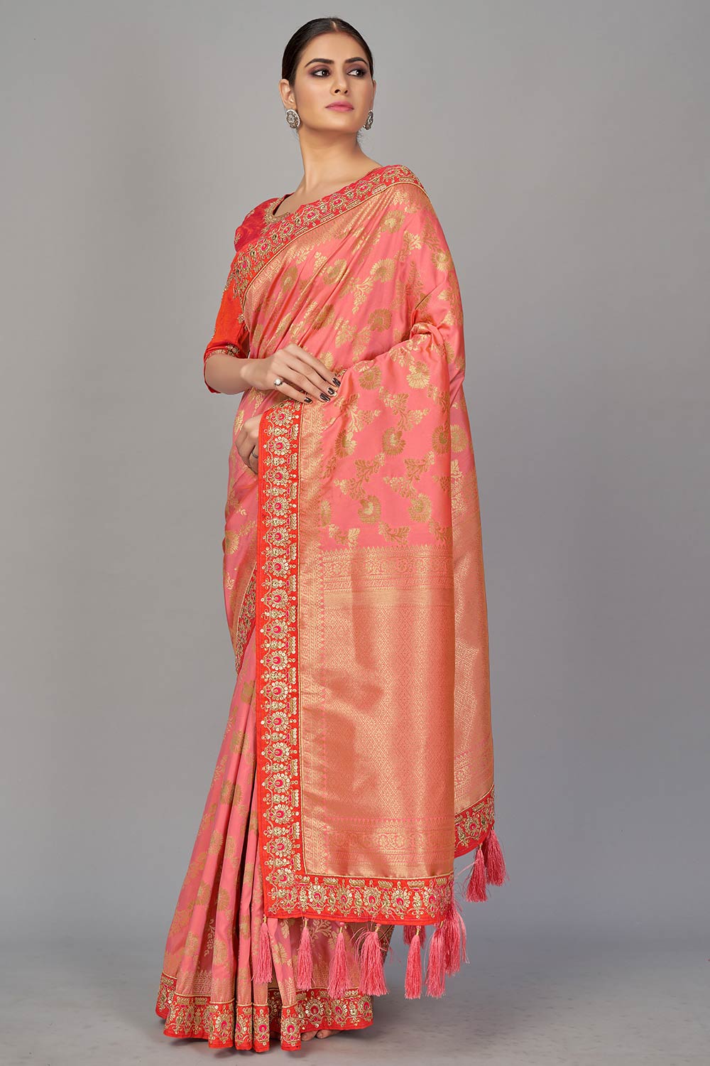 Buy Banarasi Art Silk Woven Saree in Peach - Back