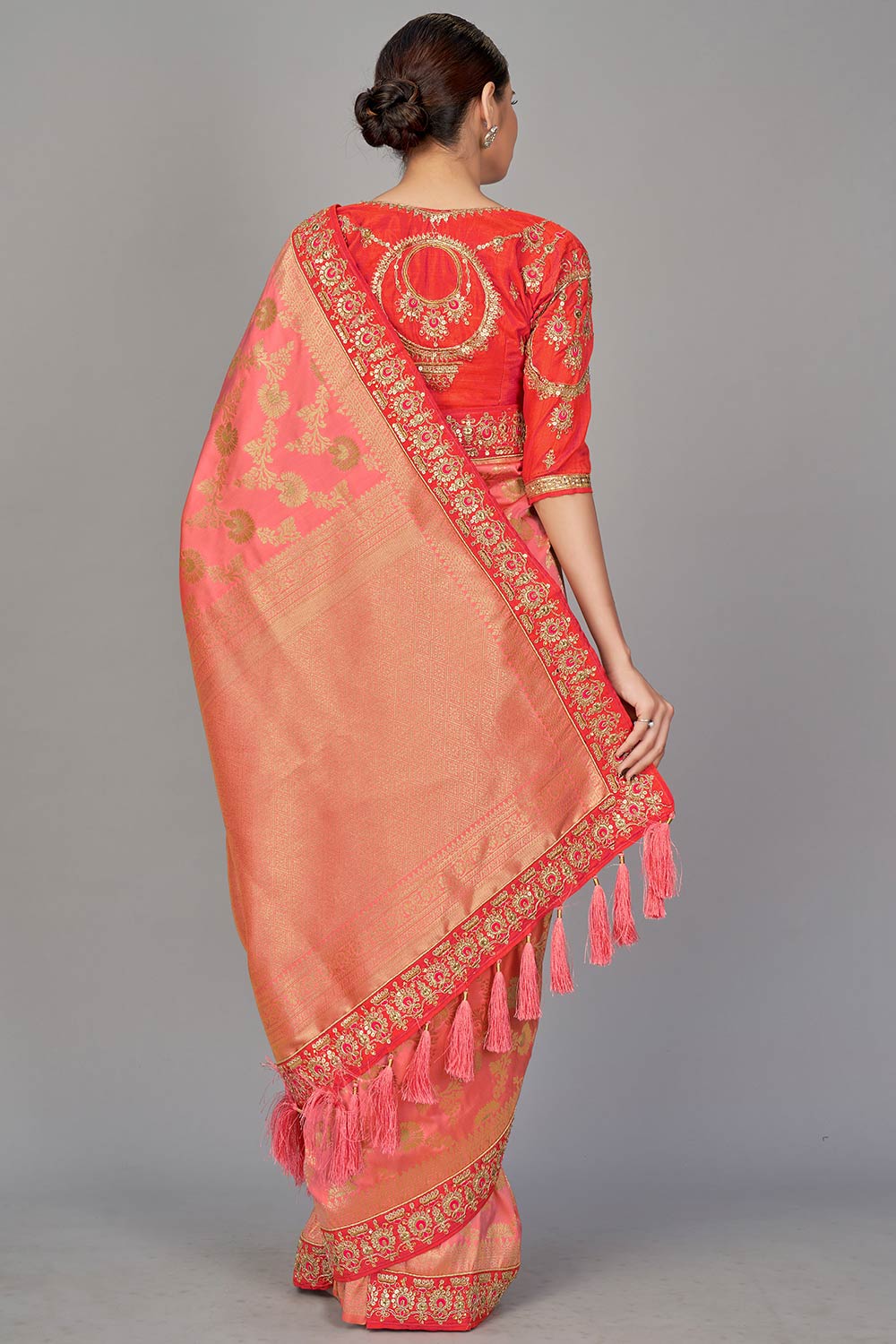 Buy Banarasi Art Silk Woven Saree in Peach - Front