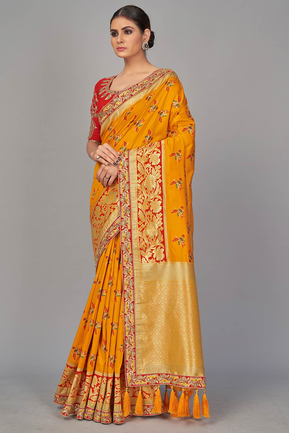 Buy Banarasi Art Silk Woven Saree in Yellow - Back