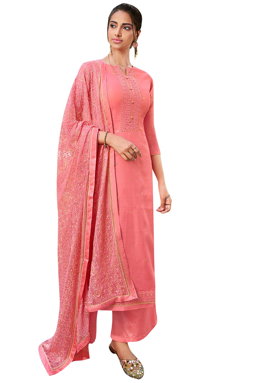 Buy Pure Silk Embroidered Dress Material in Pink