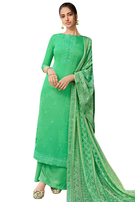 Buy Pure Silk Embroidered Dress Material in Green