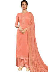 Buy Pure Silk Embroidered Dress Material in Peach