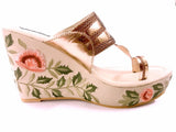 Vegan Leather Kolhapuri Wedges In Cream And Rose Gold