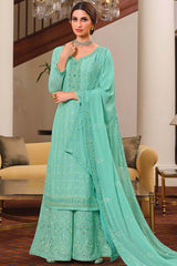 Buy Chinon Chiffon Embroidered Dress Material in Teal