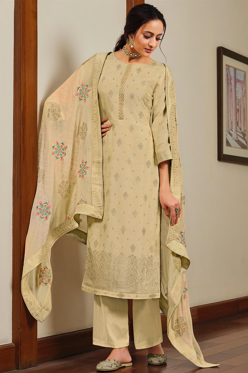 Buy Dola Art Silk Embroidered Dress Material in Beige