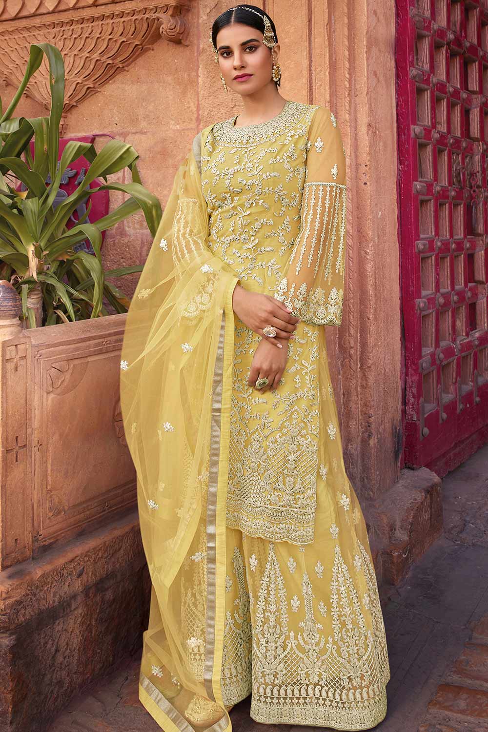 Buy Net Embroidered Dress Material in Yellow