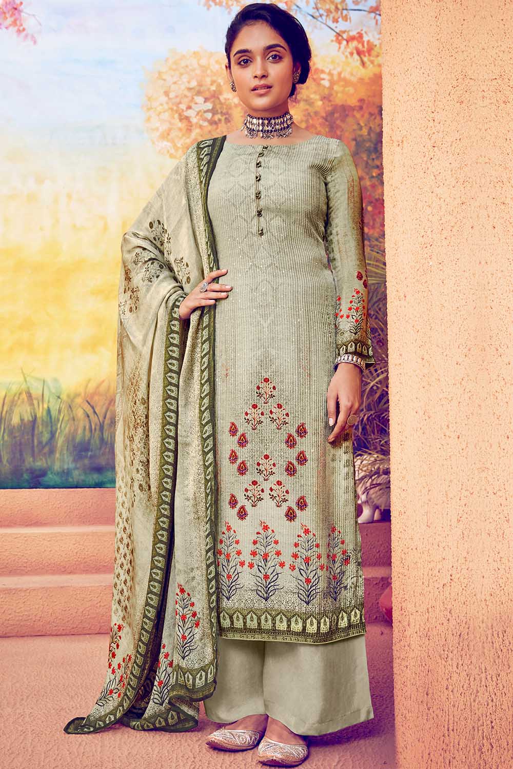 Buy Pure Muslin Embroidered Dress Material in Olive