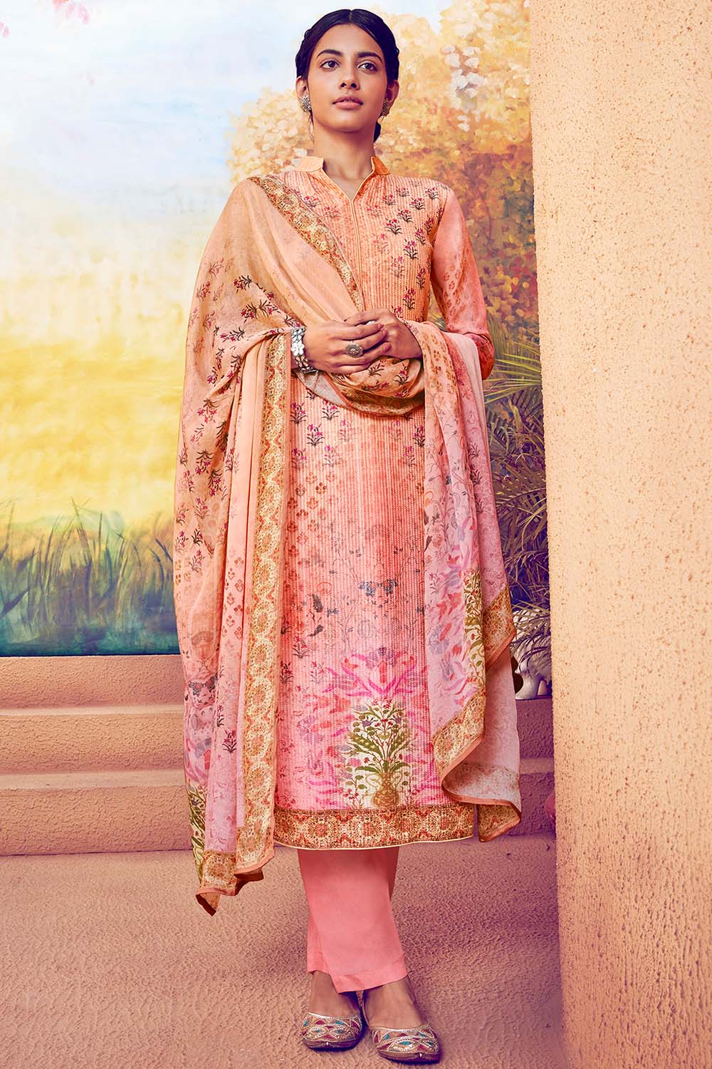 Buy Pure Muslin Embroidered Dress Material in Pink