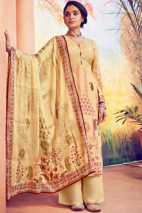 Buy Pure Muslin Embroidered Dress Material in Yellow