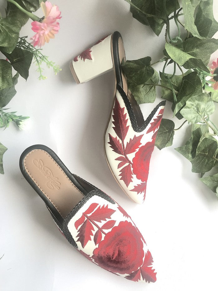 Vegan Leather Block Heels In White And Red