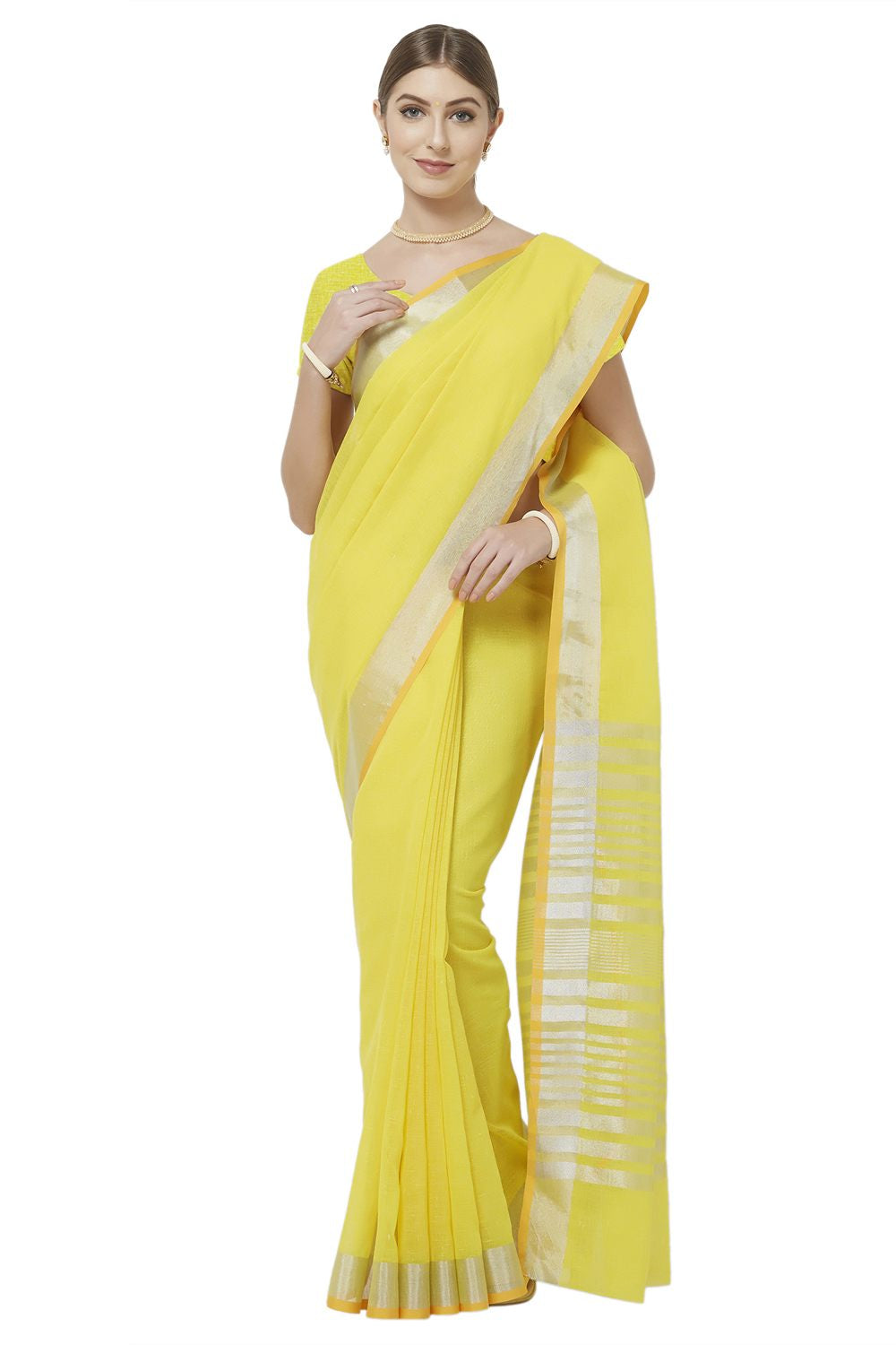 Buy Linen Art Silk Solid Saree In Yellow