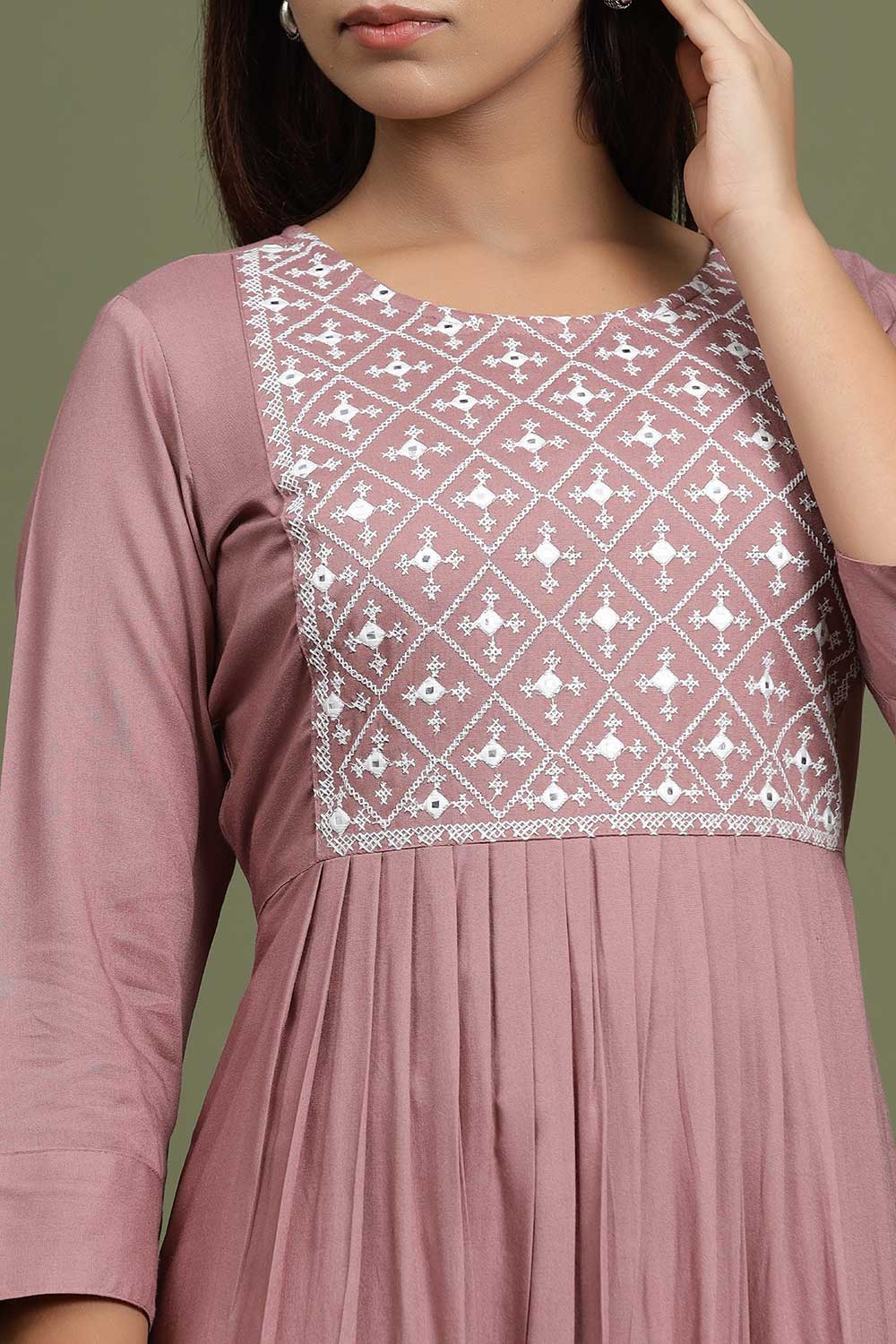 Buy Viscose Rayon Miror Embroidered Dress in Light Purple Online - Side