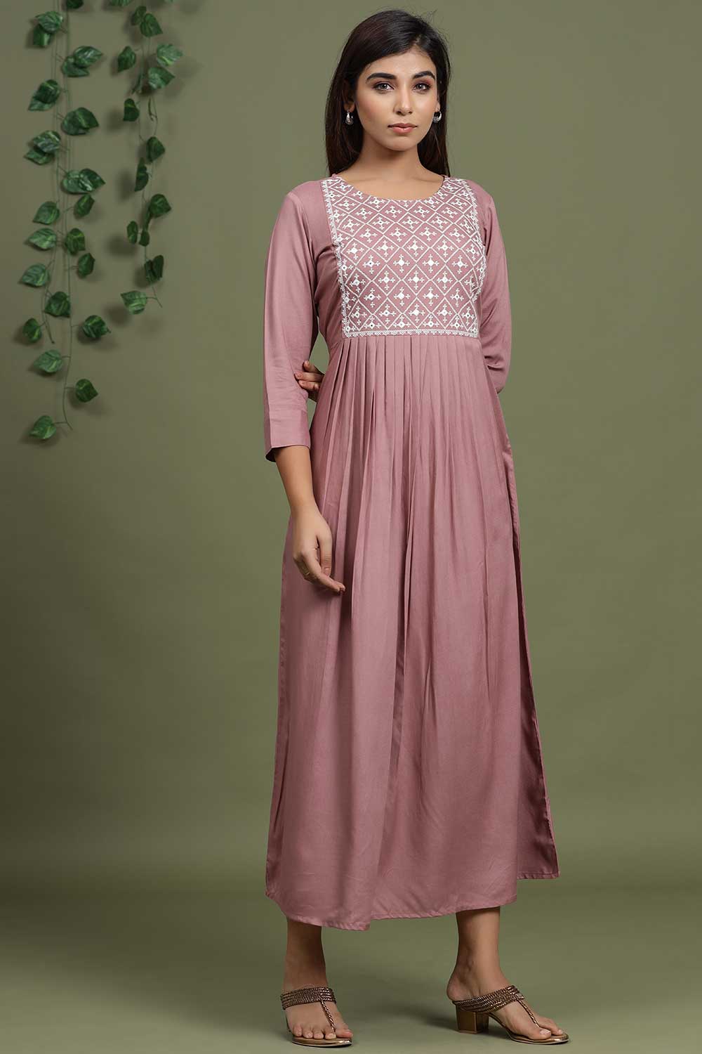 Buy Viscose Rayon Miror Embroidered Dress in Light Purple Online - Zoom In