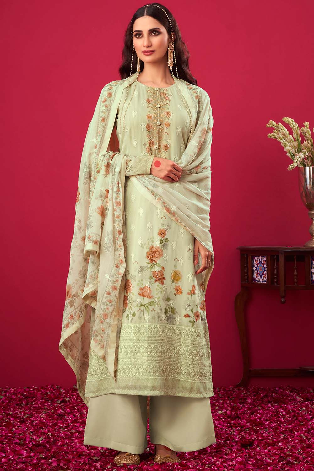 Buy Faux Georgette Embroidered Dress Material in Green