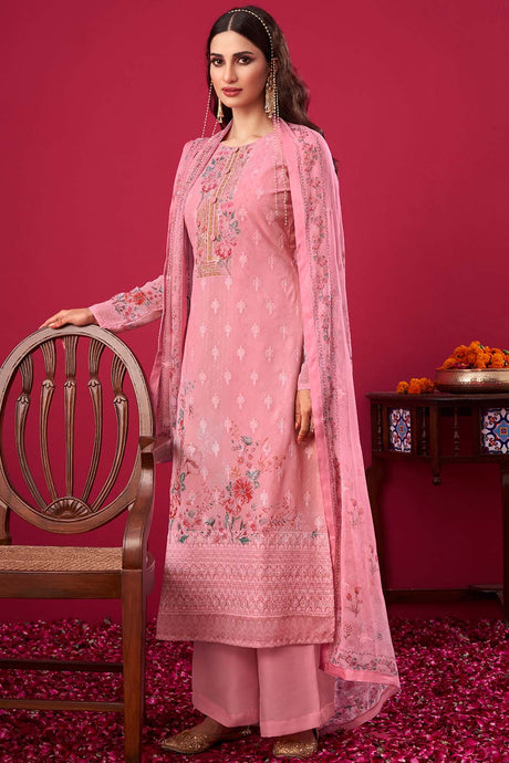 Buy Faux Georgette Embroidered Dress Material in Pink