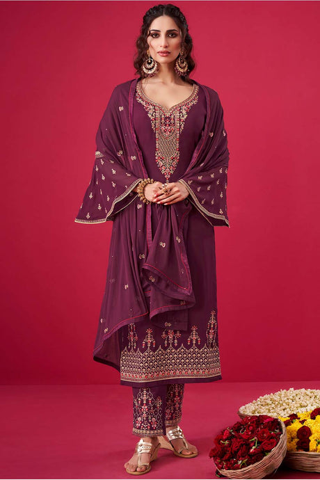 Buy Faux Georgette Embroidered Dress Material in Wine