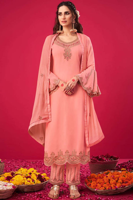 Buy Faux Georgette Embroidered Dress Material in Peach