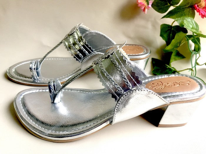 Vegan Leather Kolhapuri Block Heels In Silver