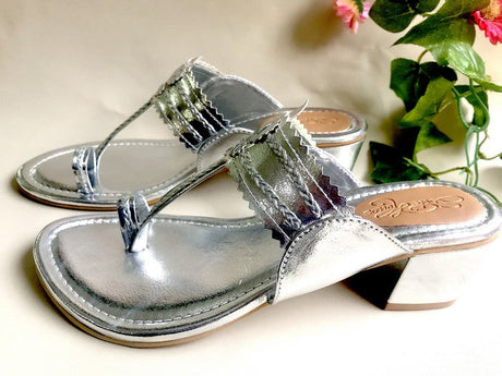 Vegan Leather Kolhapuri Block Heels in Silver