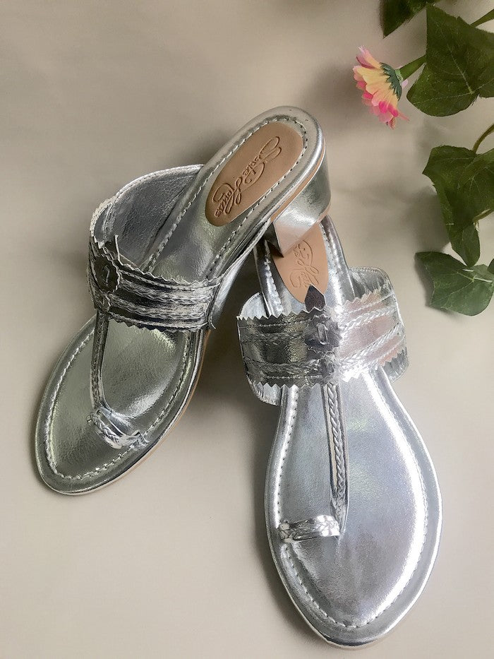 Vegan Leather Kolhapuri Block Heels In Silver