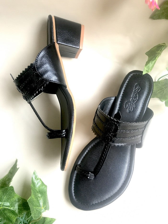 Vegan Leather Kolhapuri Block Heels In Black