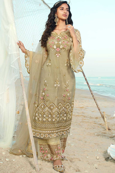 Buy Net Embroidered Dress Material in Olive Green