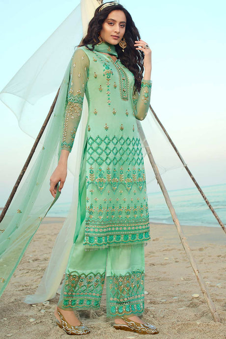 Buy Net Embroidered Dress Material in Green